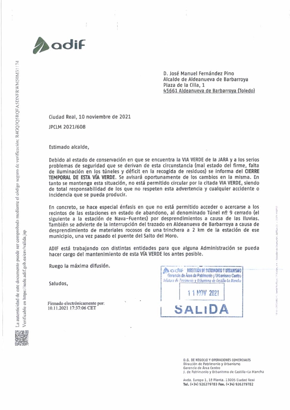 Carta CIERRE VÍA VERDE DE LA JARA 001
