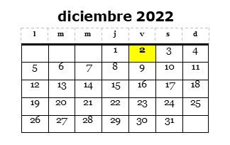 Calendario diciembre 2022